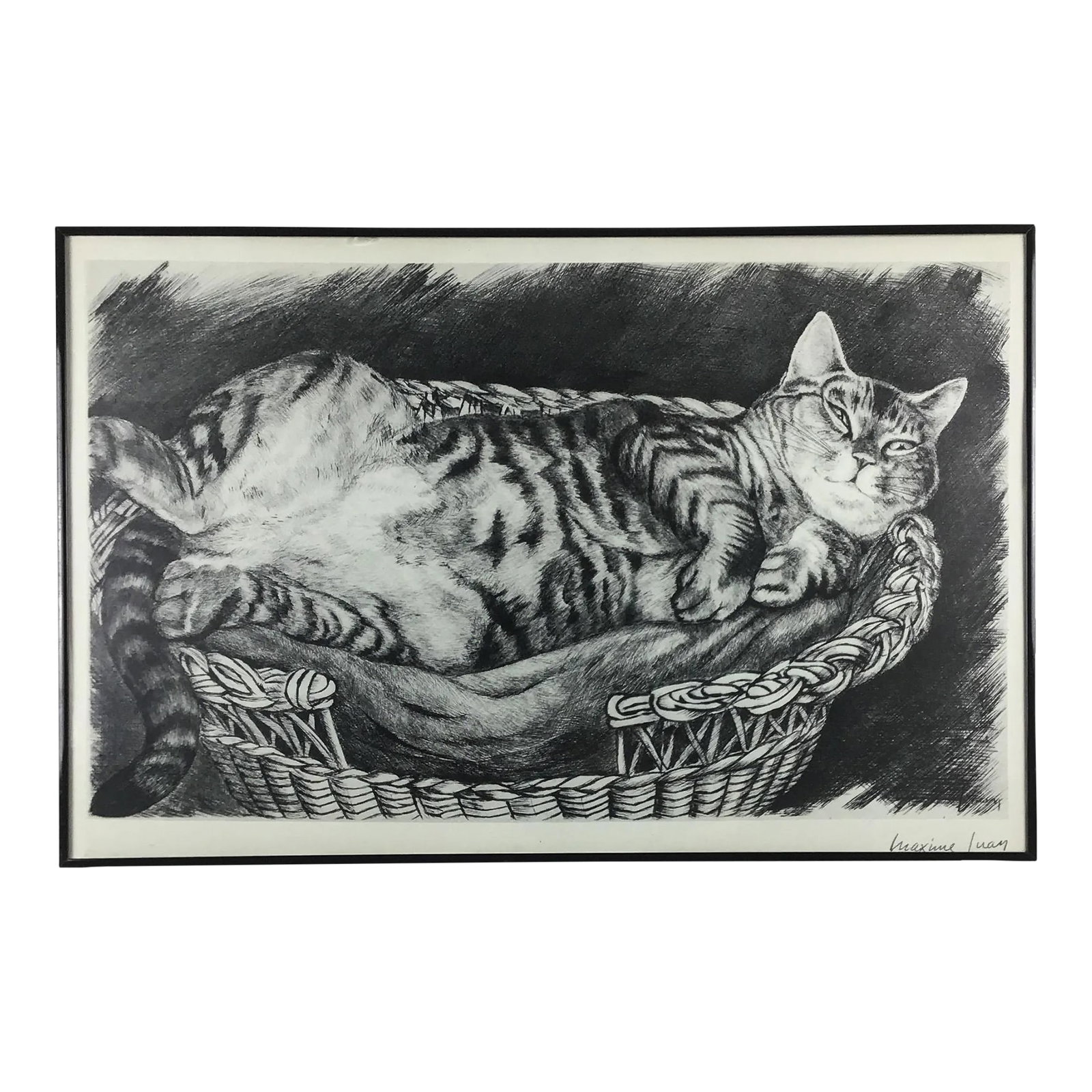 Vintage Fat Cat Glass Covered Framed Print Black & White: Large framed sketch print of a spoiled fat cat lounging in a big basket bed. This cool cat will get you to smile and make you want to give a big hug to him. Professionally framed with glass and black 