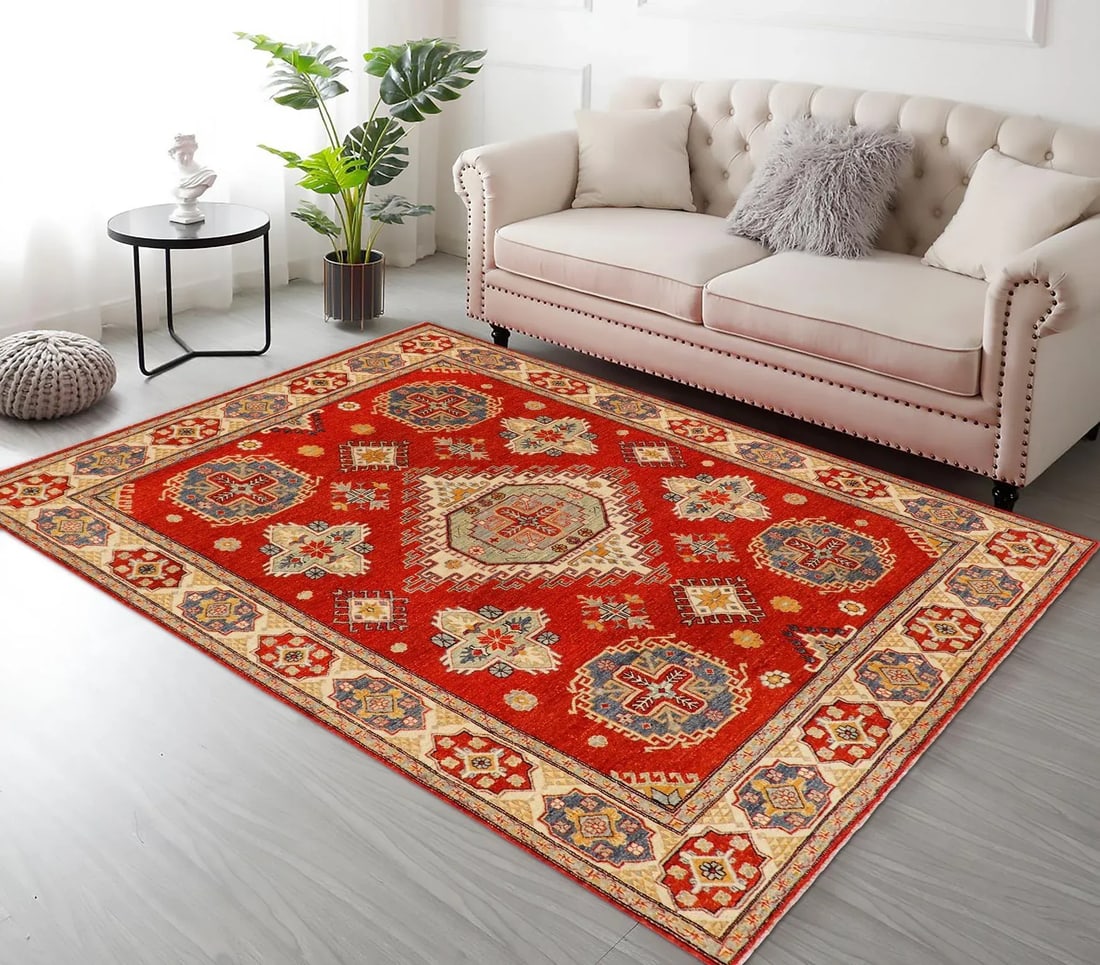 1990s Abstract Kazak Orange/Beige Wool Rug - 8'0'' X 9'8'' - 2