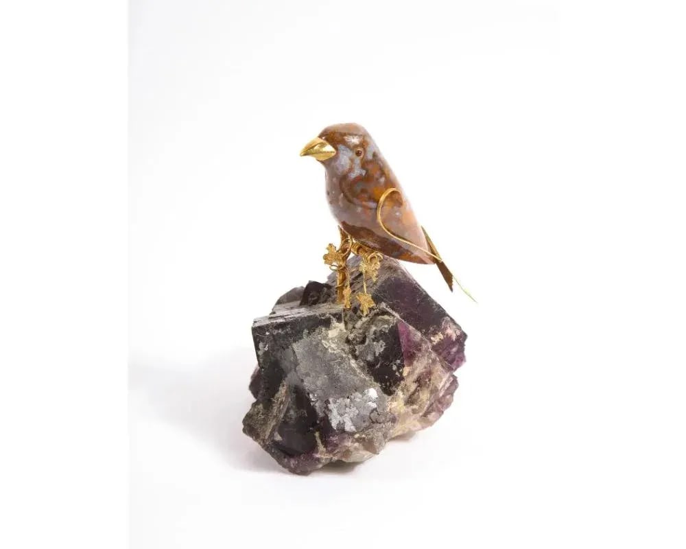 Late 20th Century 14k Gold Mounted Agate Bird on Carved Amethyst Rock - 2