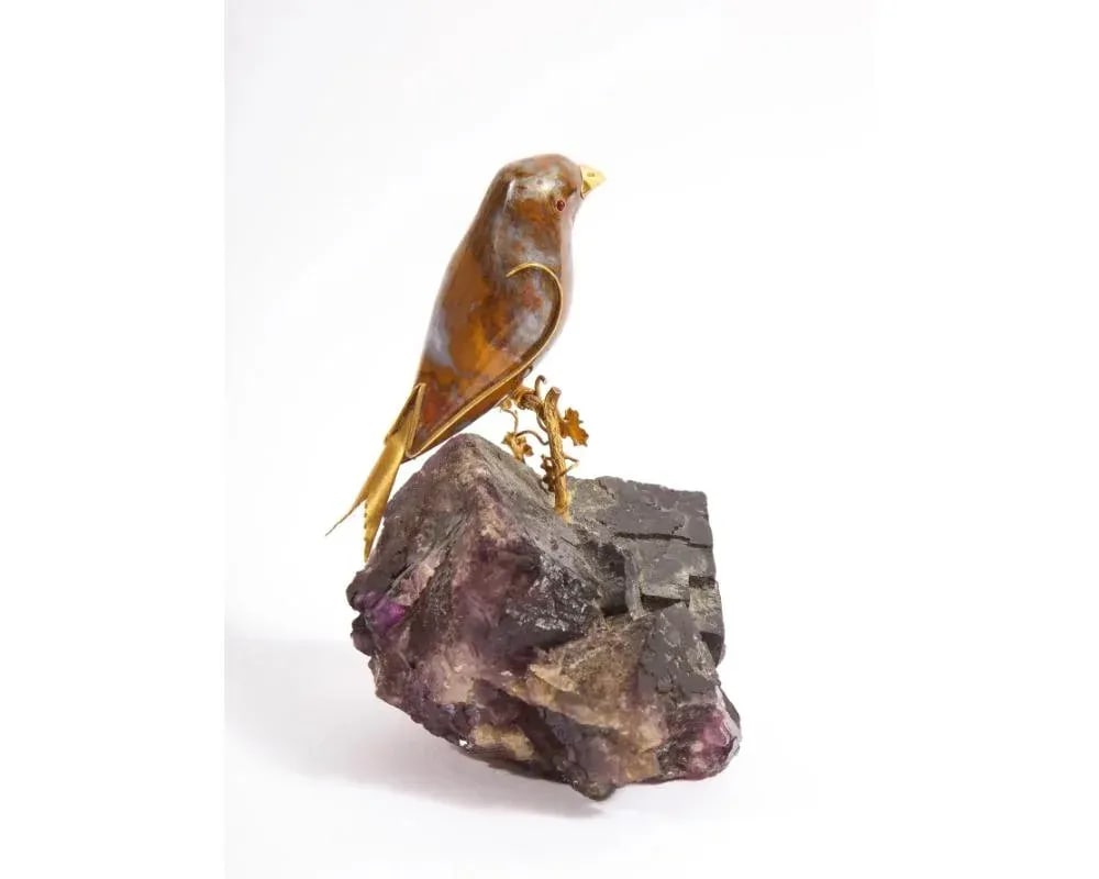 Late 20th Century 14k Gold Mounted Agate Bird on Carved Amethyst Rock - 7