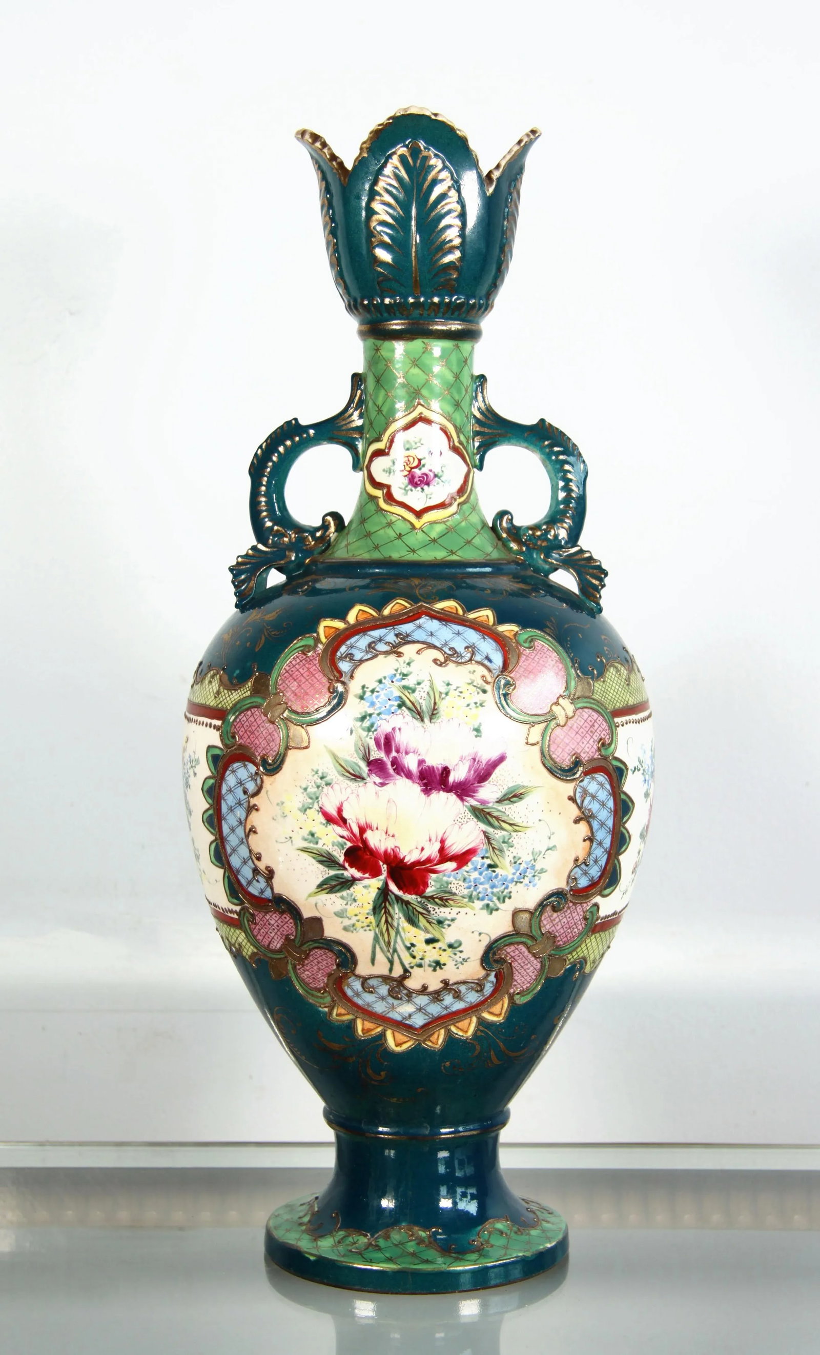 Antique Japanese Moriage Hand Painted Dolphin Handled Vase - 12