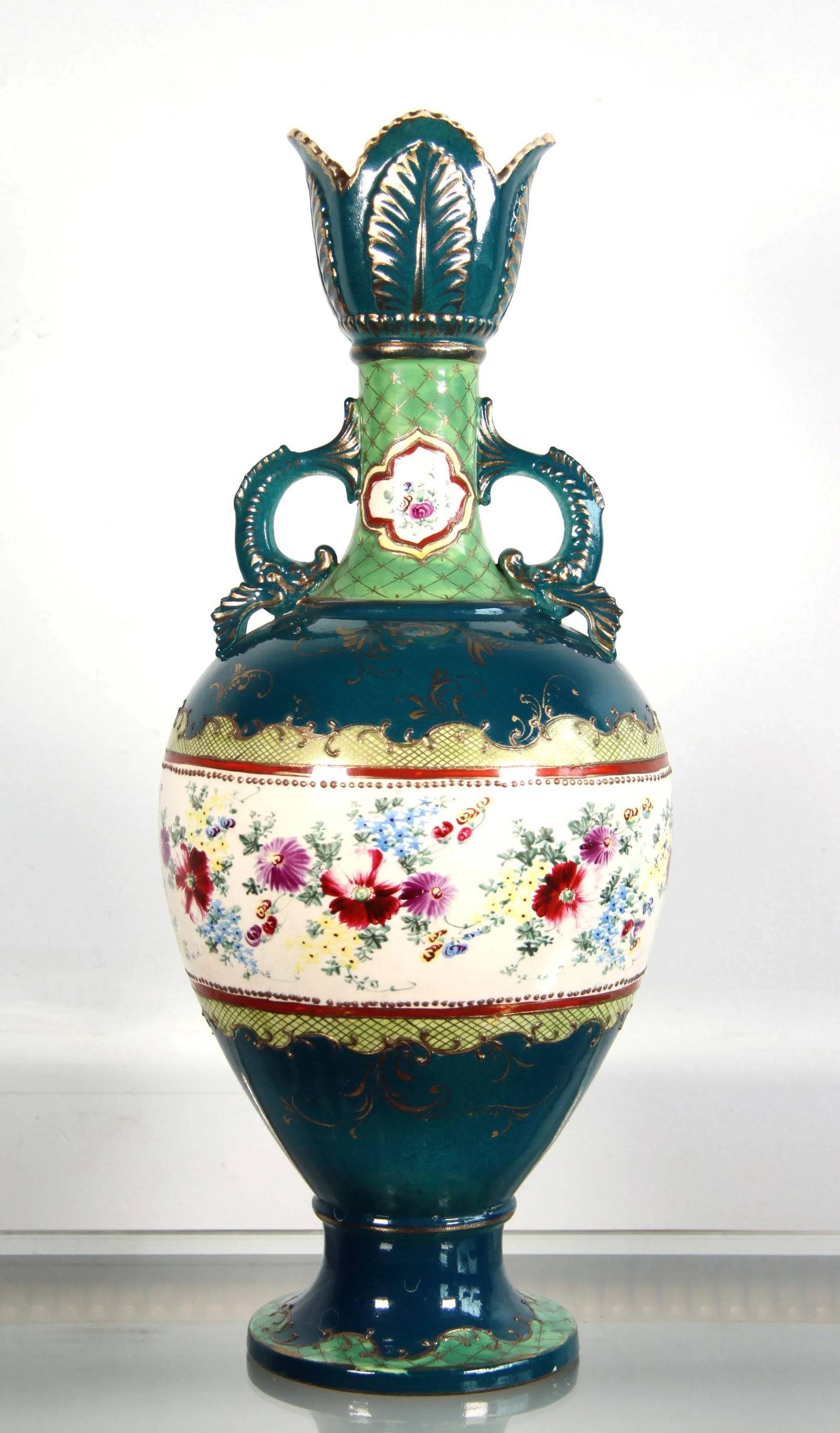 Antique Japanese Moriage Hand Painted Dolphin Handled Vase - 2