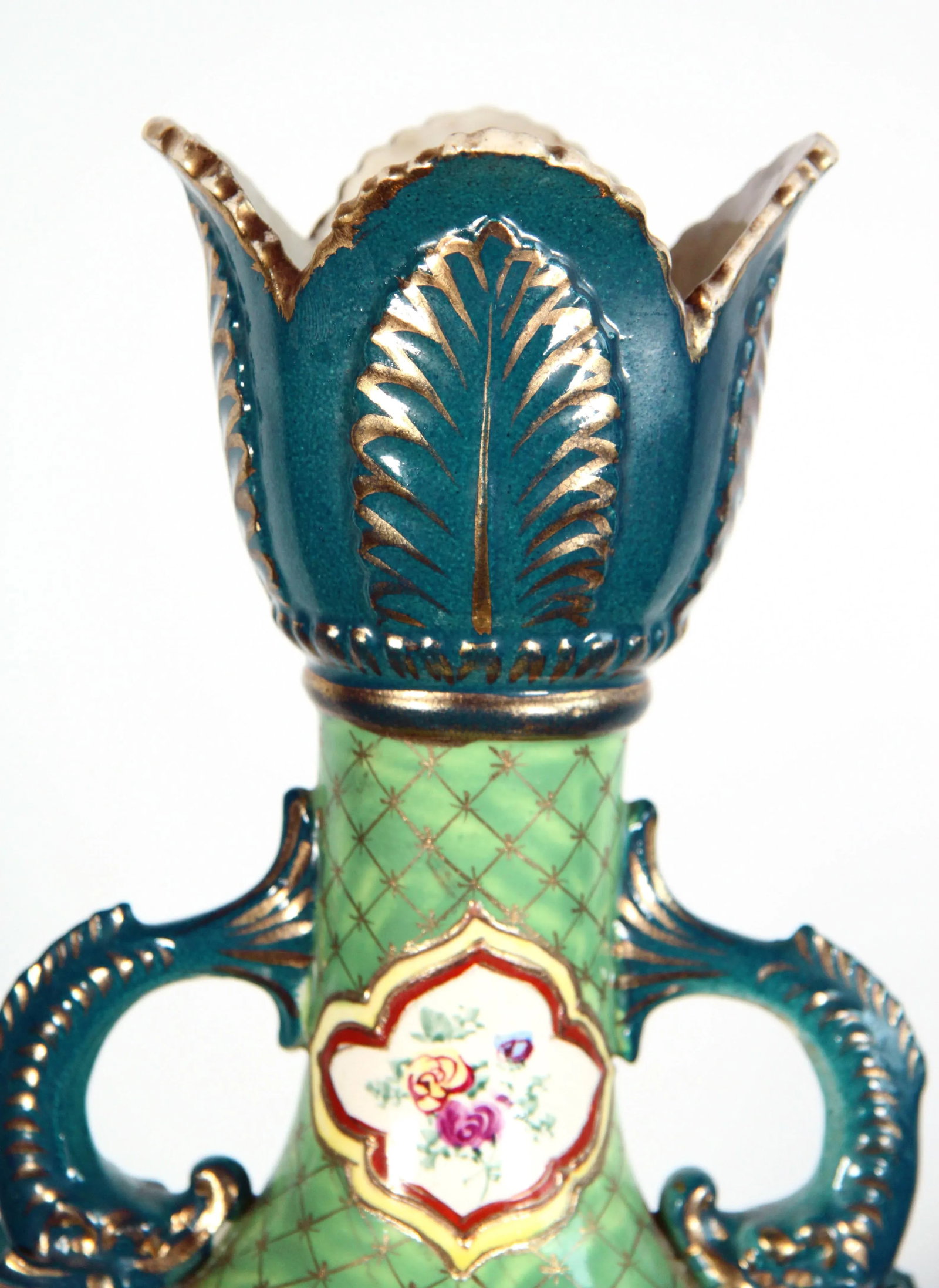 Antique Japanese Moriage Hand Painted Dolphin Handled Vase - 7