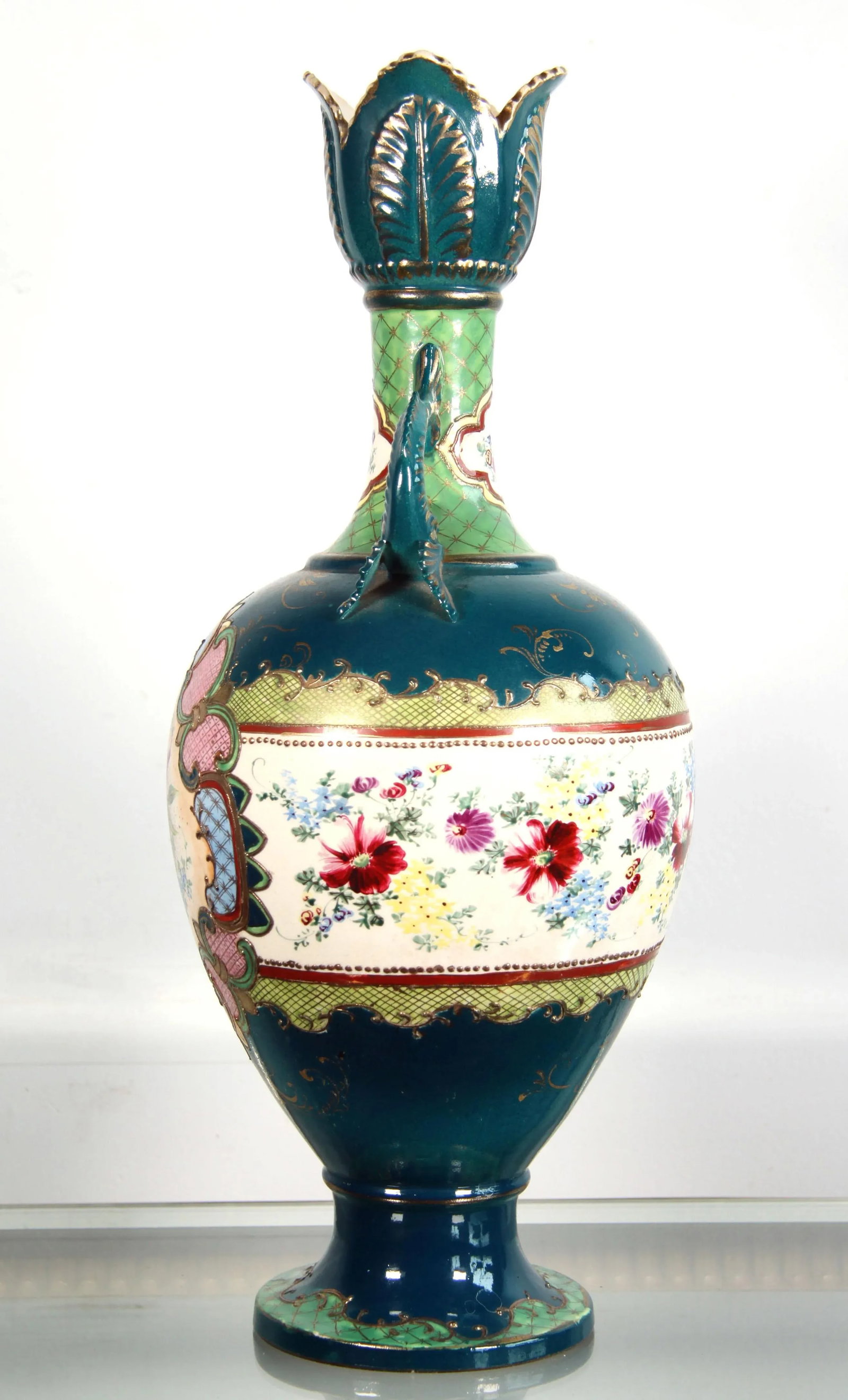 Antique Japanese Moriage Hand Painted Dolphin Handled Vase - 8