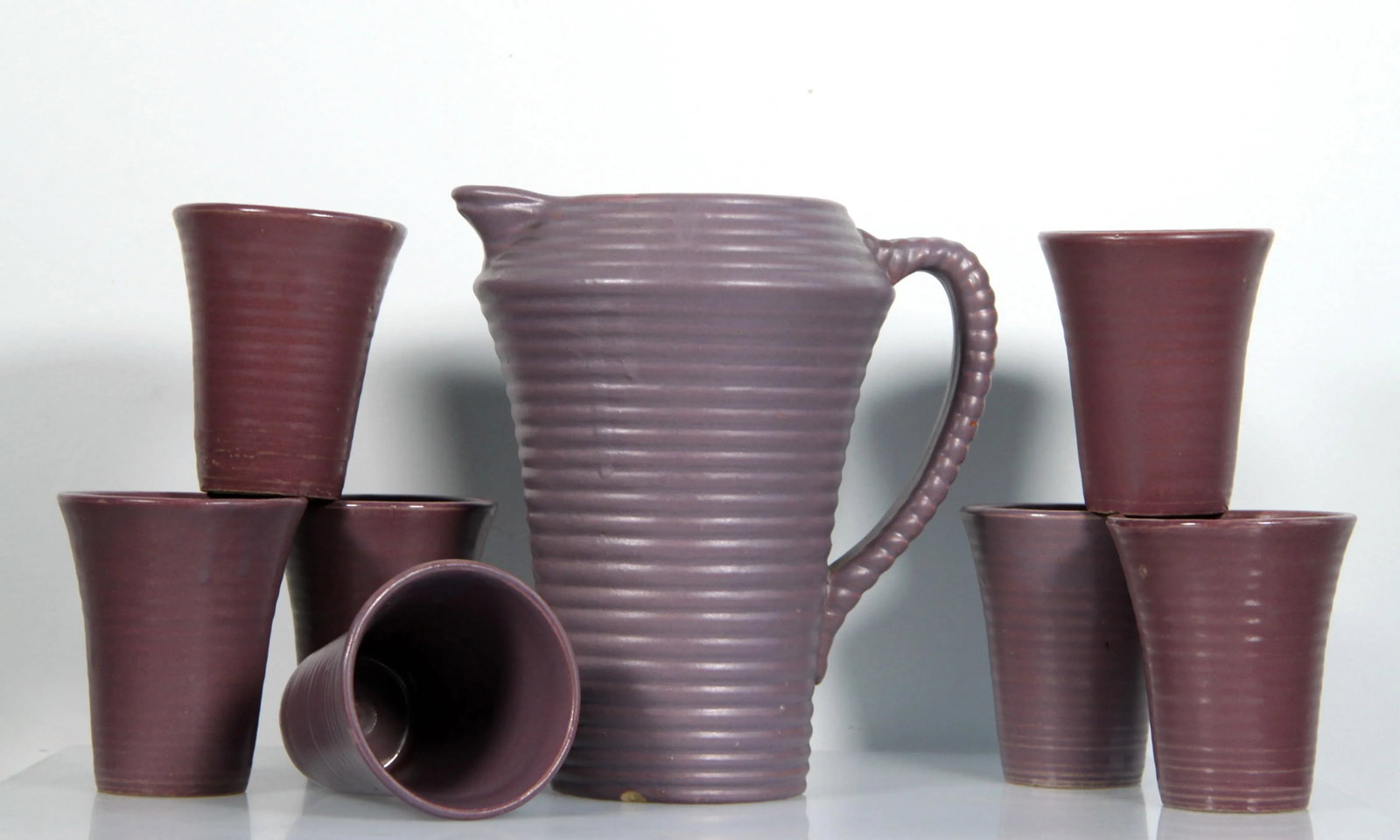 Vintage Arts & Crafts Period Purple Pottery Pitcher & Glasses - Set of 8 - 12