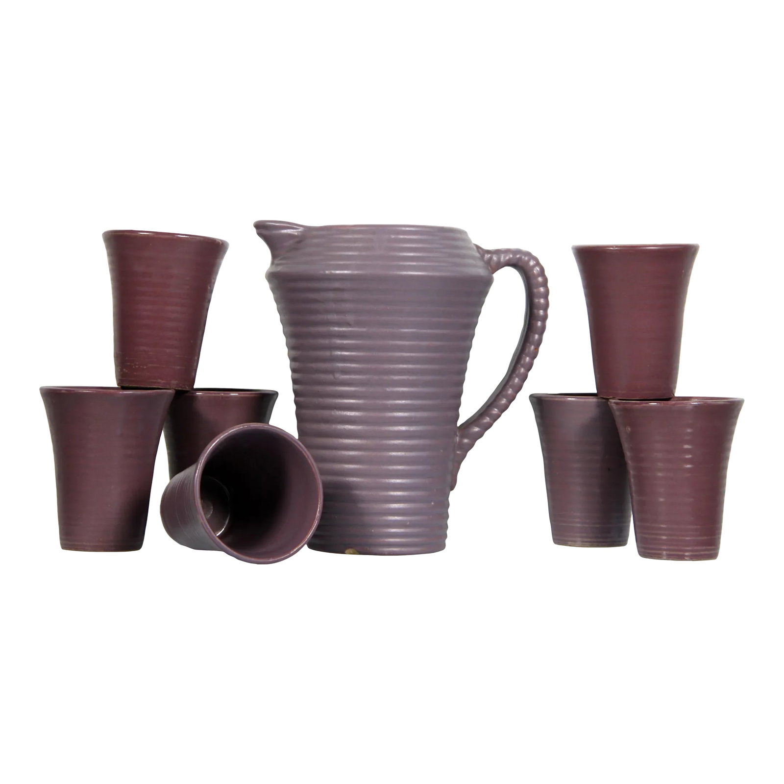 Vintage Arts & Crafts Period Purple Pottery Pitcher & Glasses - Set of 8 (1 of 12)