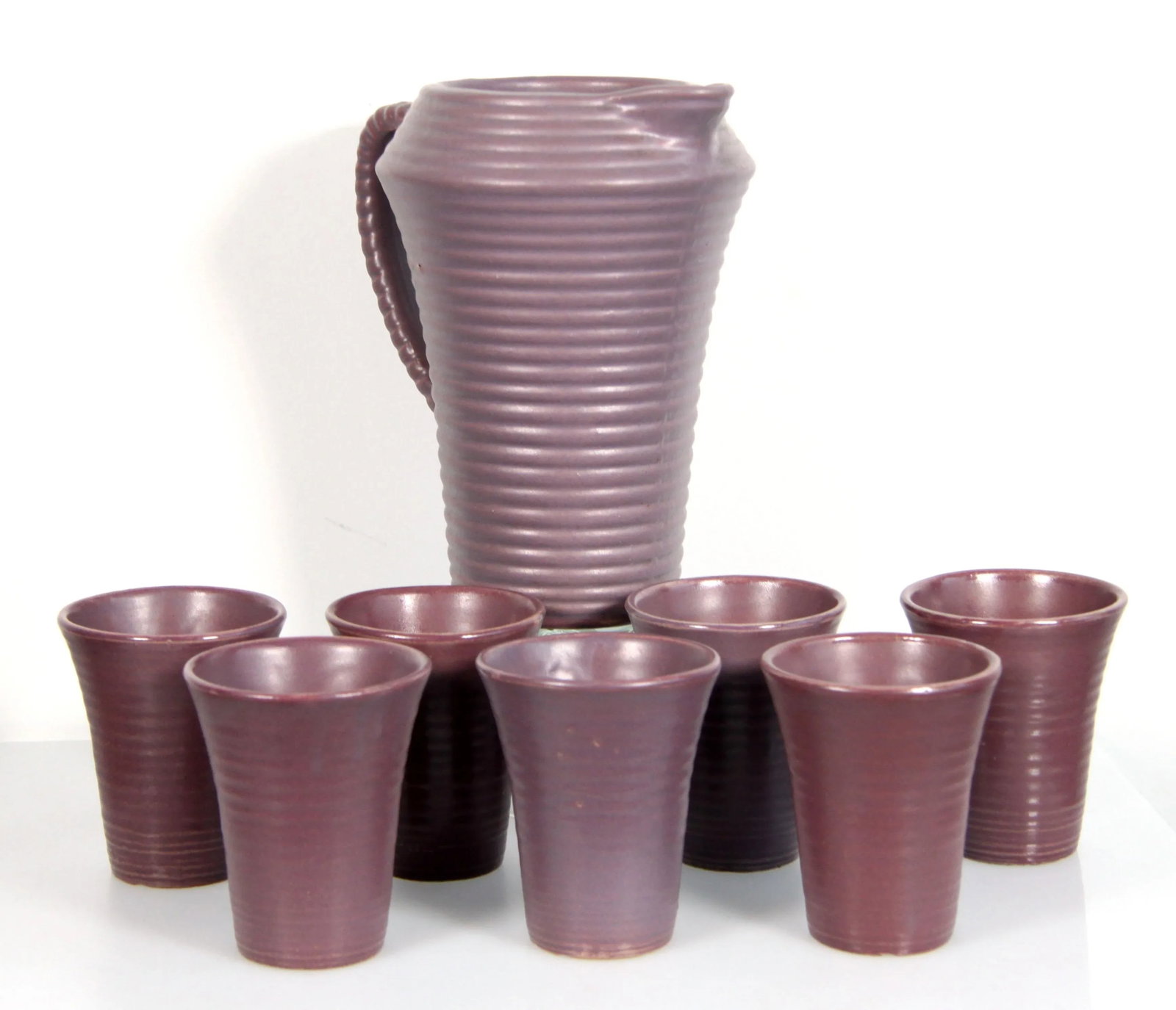 Vintage Arts & Crafts Period Purple Pottery Pitcher & Glasses - Set of 8 - 2