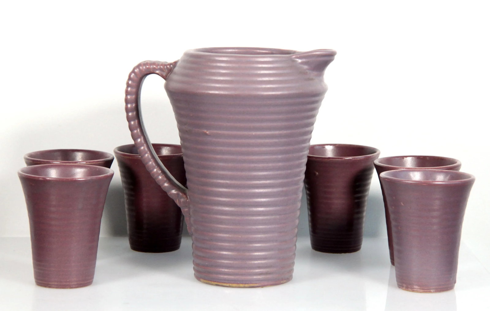 Vintage Arts & Crafts Period Purple Pottery Pitcher & Glasses - Set of 8 - 4