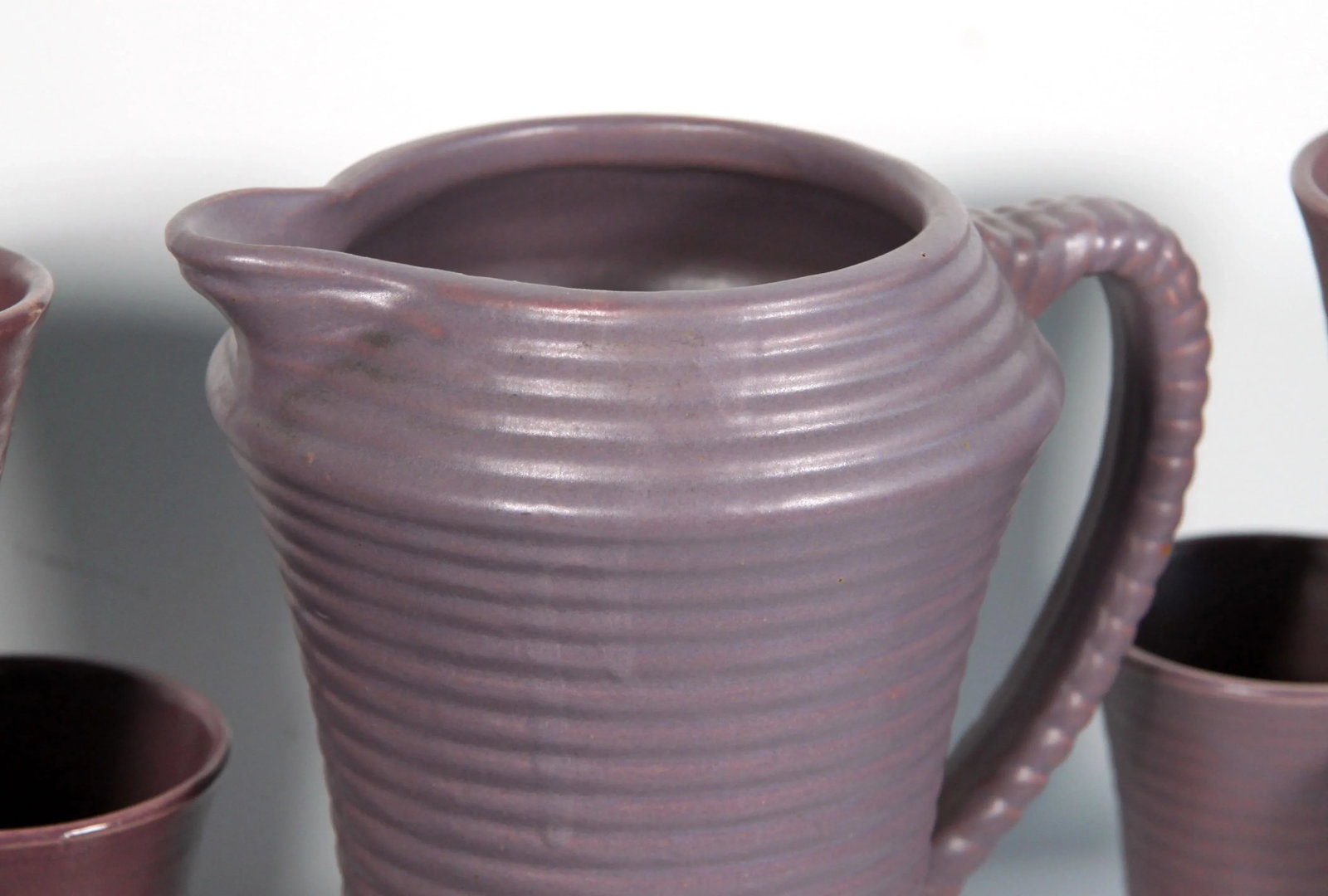 Vintage Arts & Crafts Period Purple Pottery Pitcher & Glasses - Set of 8 - 5