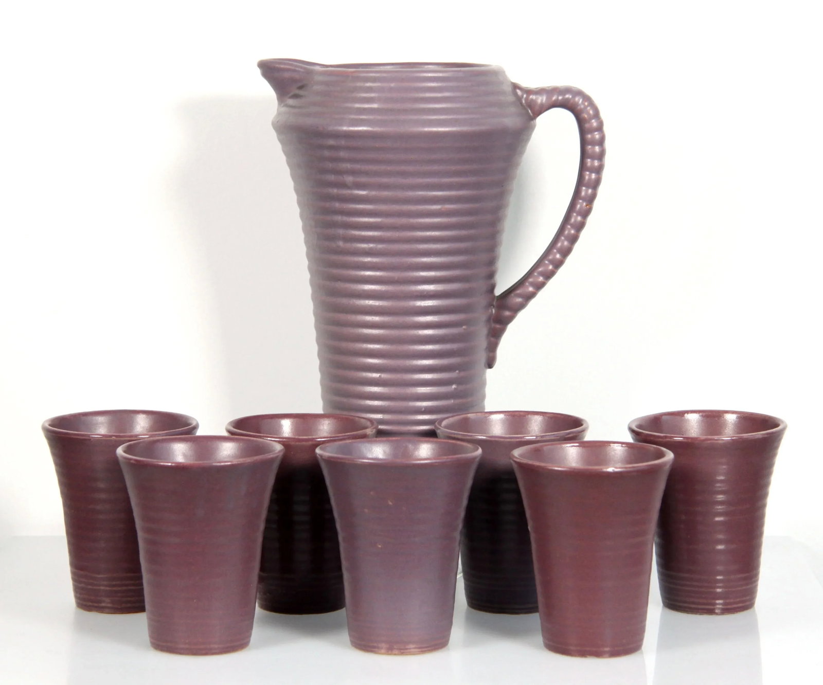 Vintage Arts & Crafts Period Purple Pottery Pitcher & Glasses - Set of 8 - 8