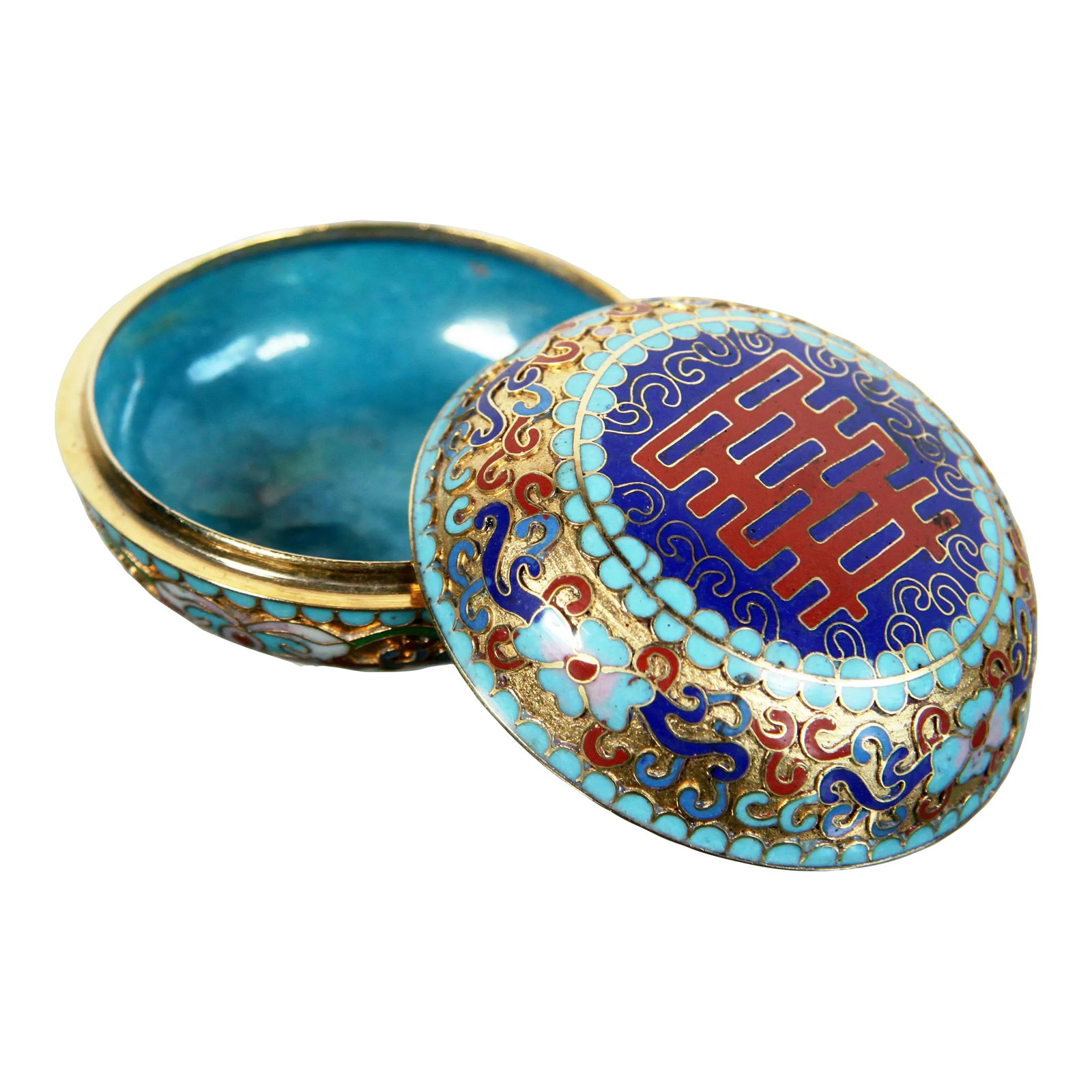 Vintage 1950's Chinese Hand Enameled Cloisonne Jewelry or Trinket Box / Jar: Here is a fabulous vintage c.1950's hand enameled Chinese cloisonne trinket box! On it's lid is prominently displays the Chinese symbol for Happiness and is overall quite colorful. It measures 3