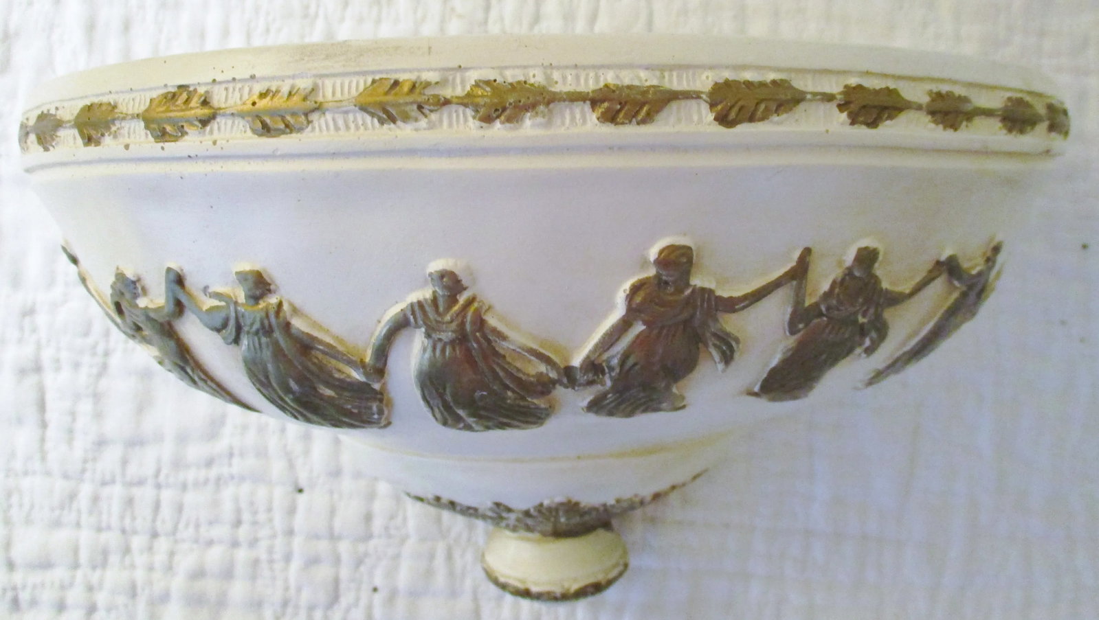 Vintage Roman Decorative Lavabo White With Gold Dancers and Oak Leaves Pottery - 2 Pieces - 3