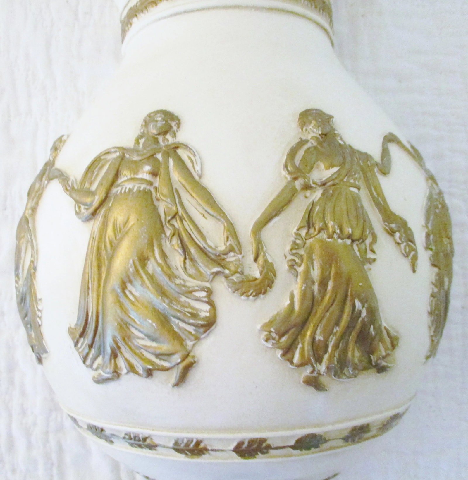 Vintage Roman Decorative Lavabo White With Gold Dancers and Oak Leaves Pottery - 2 Pieces - 5