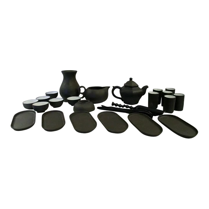 1970s Ming Jun Tea and Sake Complete Set- 26 Pieces: Ming Jun 26 piece Tea and Sake Set Complete Handmade: Yes Production Technique: Pottery Material: Pottery Production Style: Art Pottery Brand: Ming Jun Style: Asian Color: Black Type: Sake Tea Set