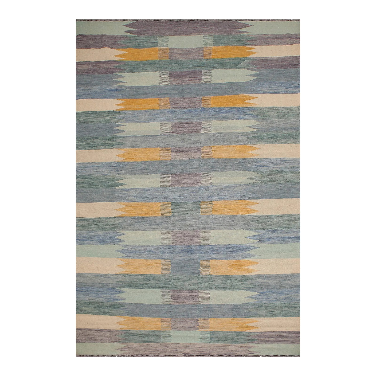Shabby Chic Blue Beige Wool Kilim - 8'10" X 12'4": "Add a touch of elegance to your home with this casual chic hand woven Tribal Kilim wool rug. Constructed on a loom by Nomad Turkman people with hand-spun wool and 100% Natural Vegetable dyes these be