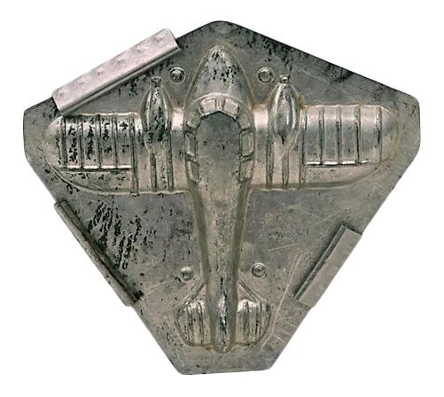 Airplane Chocolate Mold: Vintage airplane chocolate mold. Stamped with Eppelsheimer & Co., New York spinning top logo, also stamped "MADE IN USA 8079." Wear, discoloration, scratches. Condition: Alterations: Original