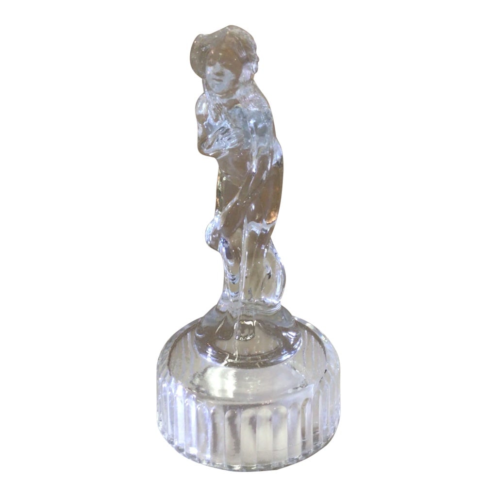 1930's Cambridge Glass Venus Flower Frog/Paperweight: Wonderful 1930s Art Deco female figure draped in a towel with a shy appearance by Cambridge Glass Company. The figures base is hollow and can be fitted to a glass jar or used as a flower frog and