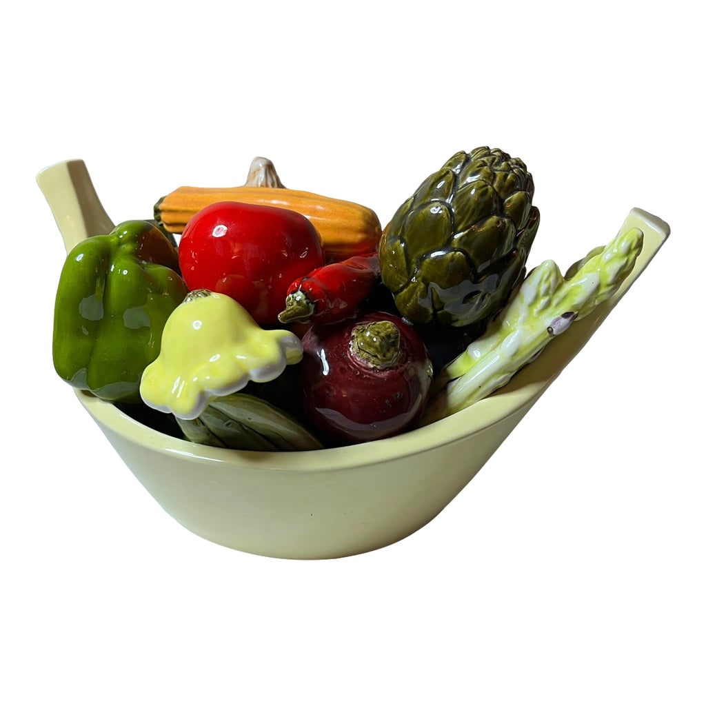 1970s Mid Century Ceramic Collection of Vegetables in Bowl, Signed: Mid Century Rare heavy Pottery signed B.R. By Ken Ocorr . Yellow Boat shaped bowl with Vegetables. Condition: Alterations: Original Condition Unaltered Imperfections: Some Imperfections Condition