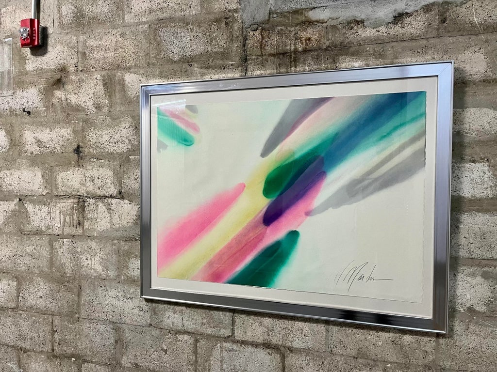 1970s Postmodern Abstract Washed Colors Framed Painting Signed in Pencil by the Artist - 6