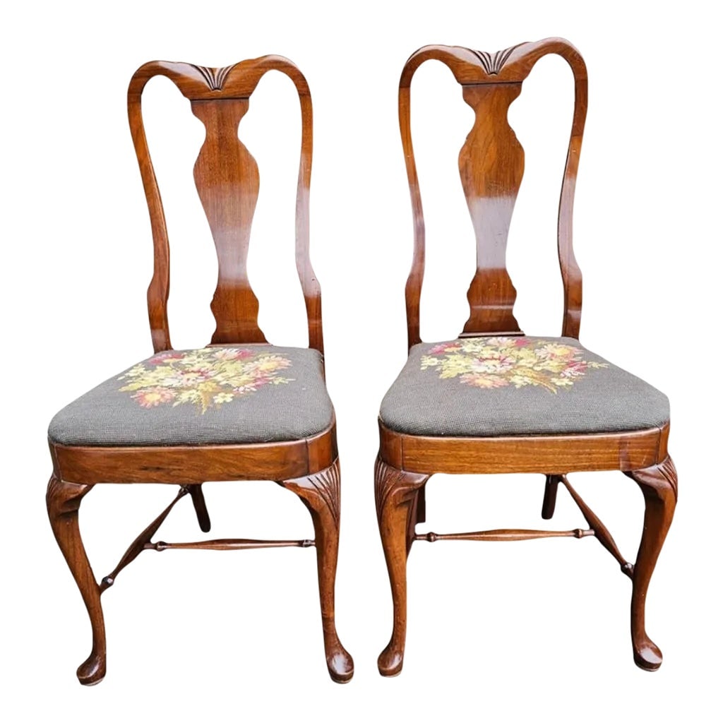 19th Century Grand Ledge Mahogany and Needlepoint Seat Dining Chairs, Pair (1 of 8)