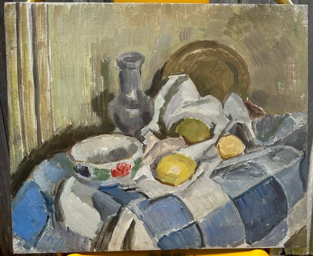 1950s Mid Century French Bertrand Py Oil Painting on Board Still Life Blue and White Checkered Table - 2