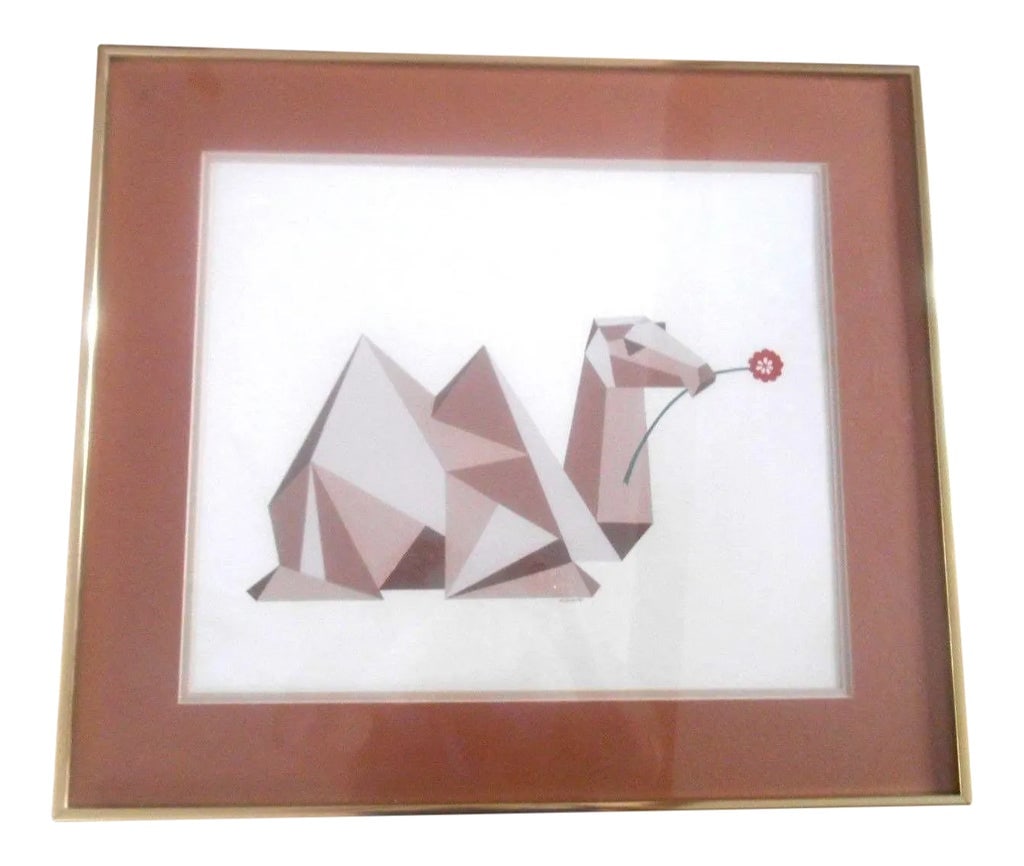 Mid-Century Modern Watercolor Gouache "Camellia" by Mame Lambeth: Stunning signed Mame Lambeth "CAMELLIA" Mid-Century Modern Watercolor Gouache that is double Matted and Framed Under Glass. This is a very Cool looking piece of Mid-Century wall art featuring a Camel
