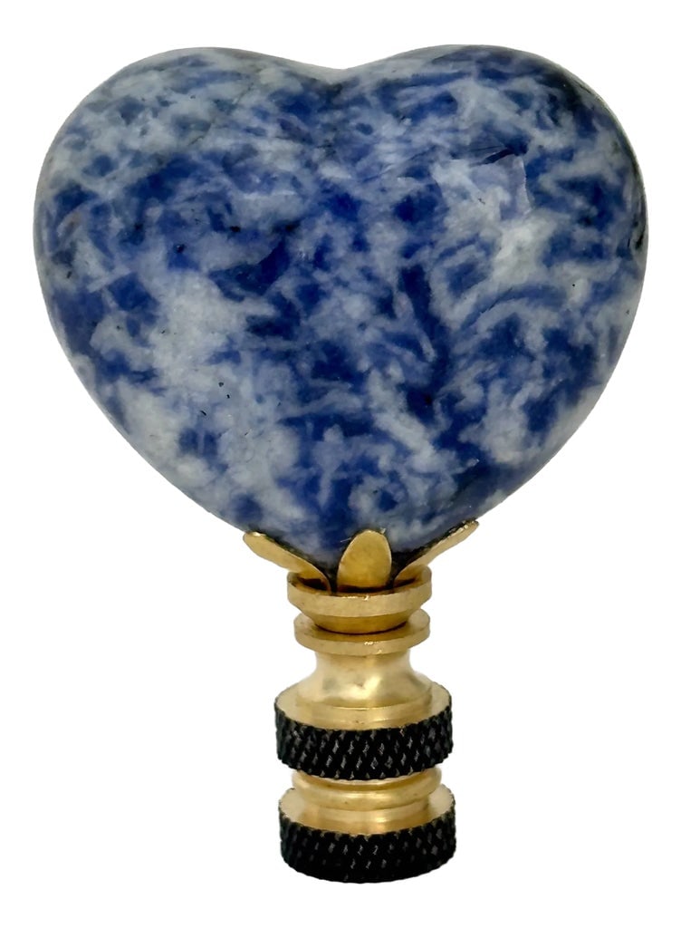 Sodalite Heart Lamp Finial on Brass Hardware: Upgrade your existing lighting or add a distinctive finishing touch to any table lamp with a designer lamp finial. Crafted from a hand-polished sodalite mineral specimen mounted on brass hardware