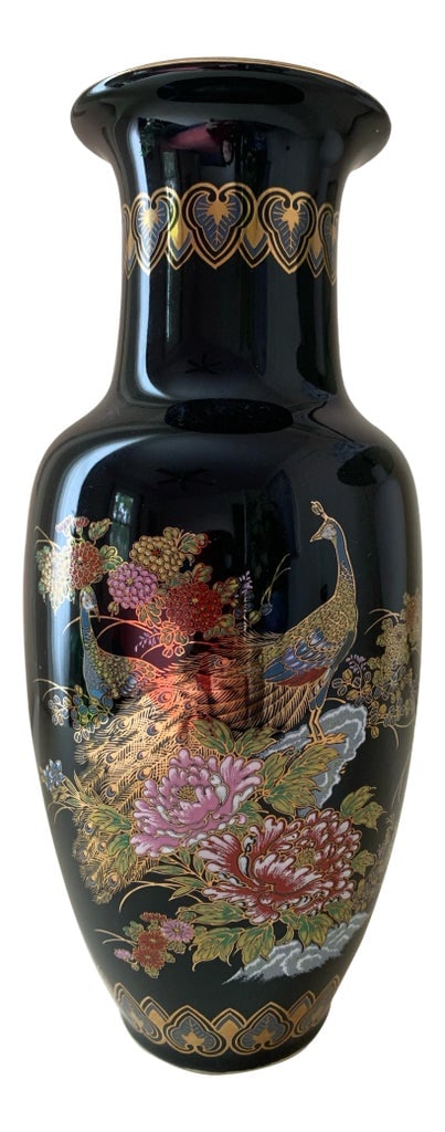 Late 20th Century Japanese Black Ceramic Floral Vase: Beautiful, tall black Japanese ceramic vase. The images are brightly colored including the birds, flowers and leaves. This vase was made in Japan in the late 20th century. Condition: Alterations: