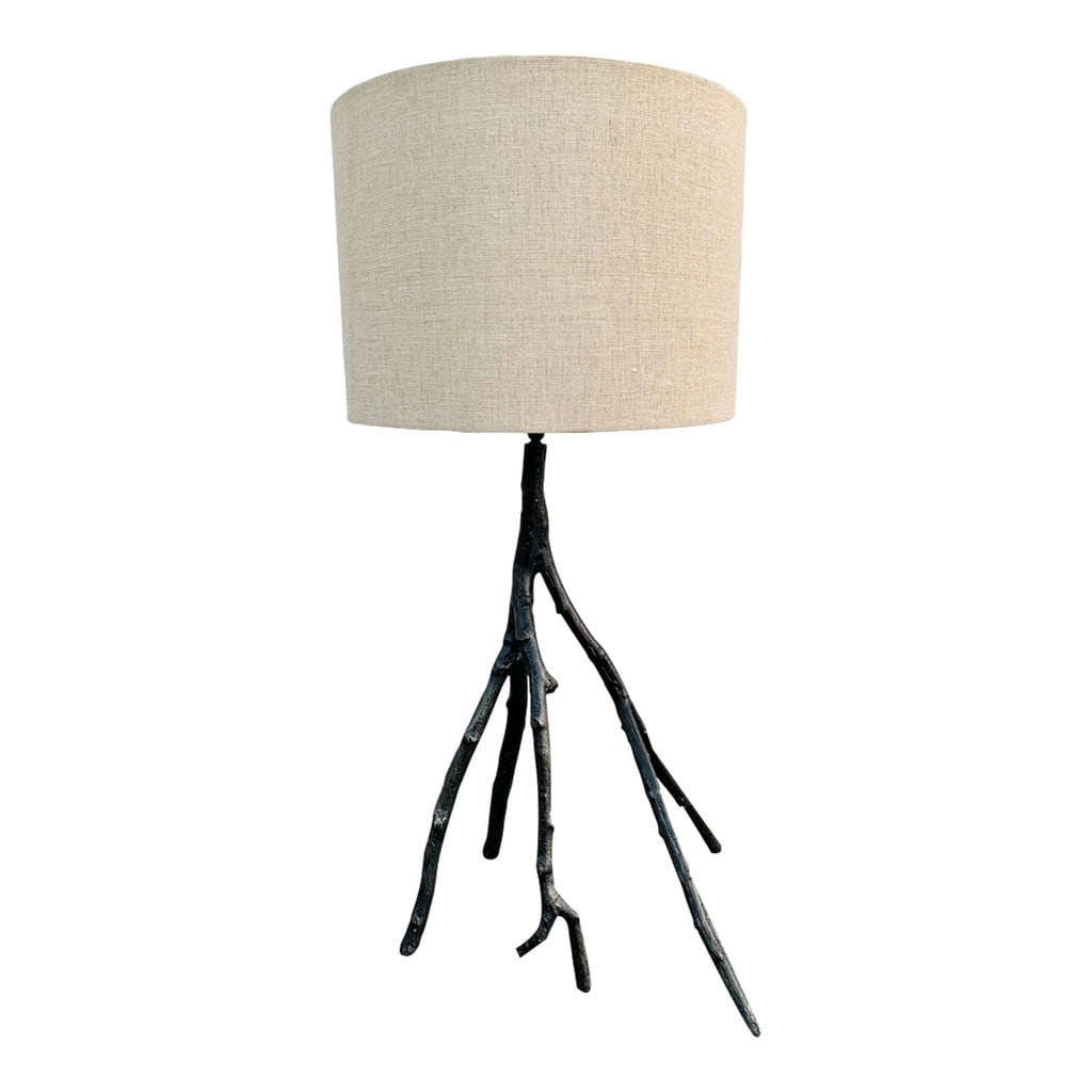 Brutalist Metal Tree Branch Lamp: This is an amazing sculptural table lamp with metal tree branch base. Very cool. Perfect for that modern, postmodern style homes. Shade 13"w 9"h lamp 27.5"h 14"w 10"d Condition: Alterations: Original
