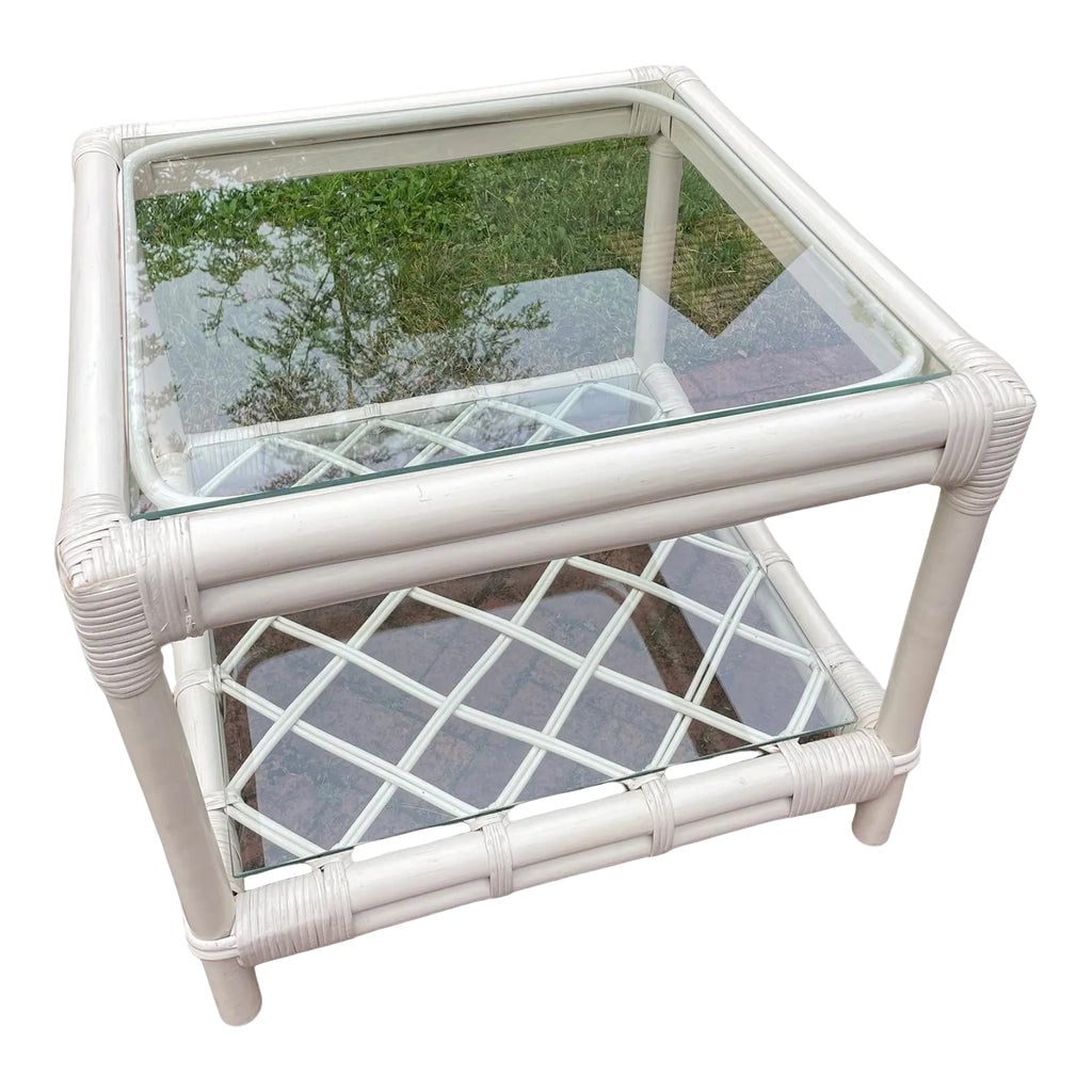 Vintage Side Table Ficks Reed Coffee Table Rattan White Lake House Furniture White Table: Gorgeous Ficks Reed side table or coffee table with 2 glass tops. This gorgeous table is part of a larger set, please see my other listings if interested! Condition: Alterations: Original Condition Un