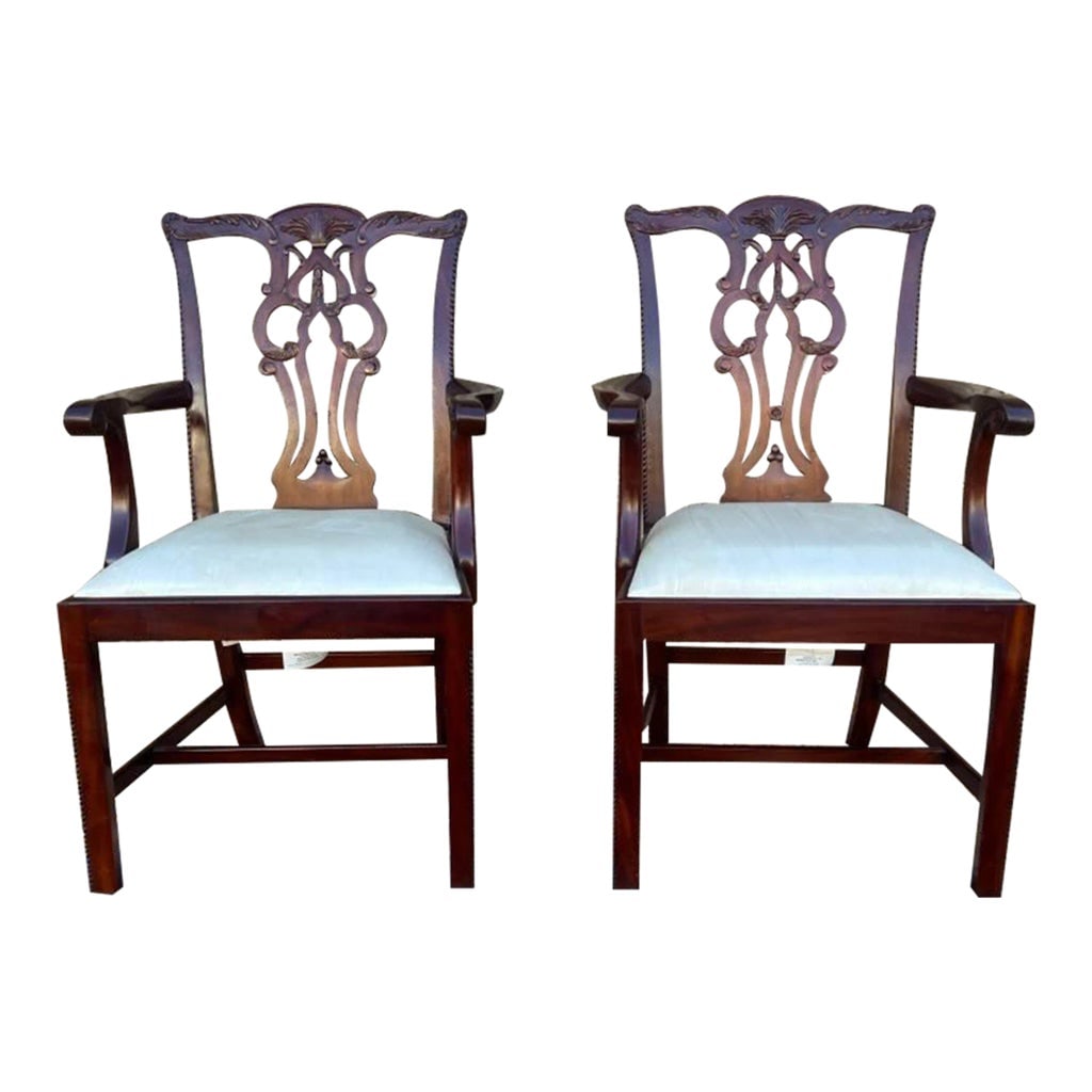 Late 20th Century Maitland Smith Co Pair Chippendale Style Mahogany Armchairs - a Pair: Maitland Smith CO Pair Chippendale Style Mahogany Armchairs. High End furniture. Very sturdy and comfortable, Well made, carved details Upholstery is useable as is Approximate measures: Height 38"