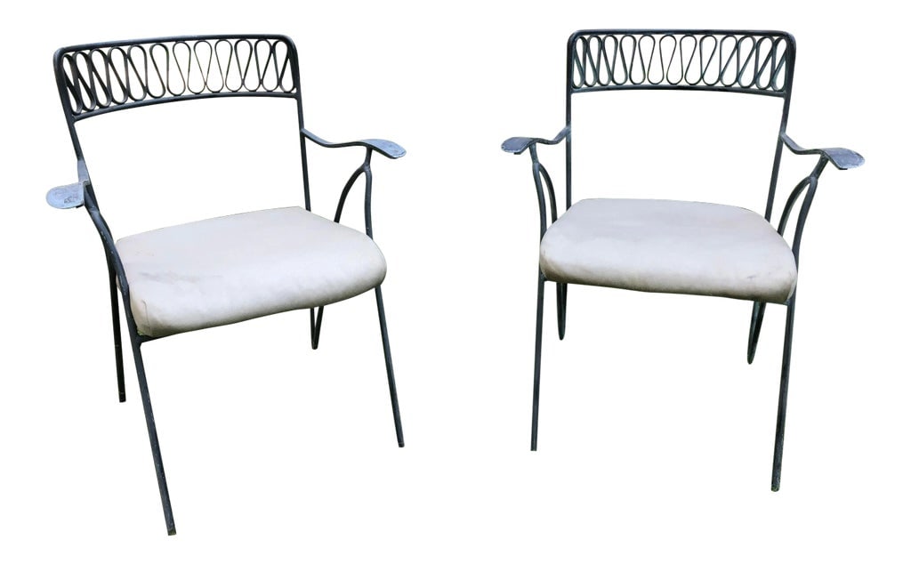 Salterini Style Ribbon Arm Chairs - A Pair: Great natural patina on these classic timeless Salterini style (I cannot find brand marking)Ribbon Chairs. Very comfortable and they are hard to part with, but we don't have a good space for them!
