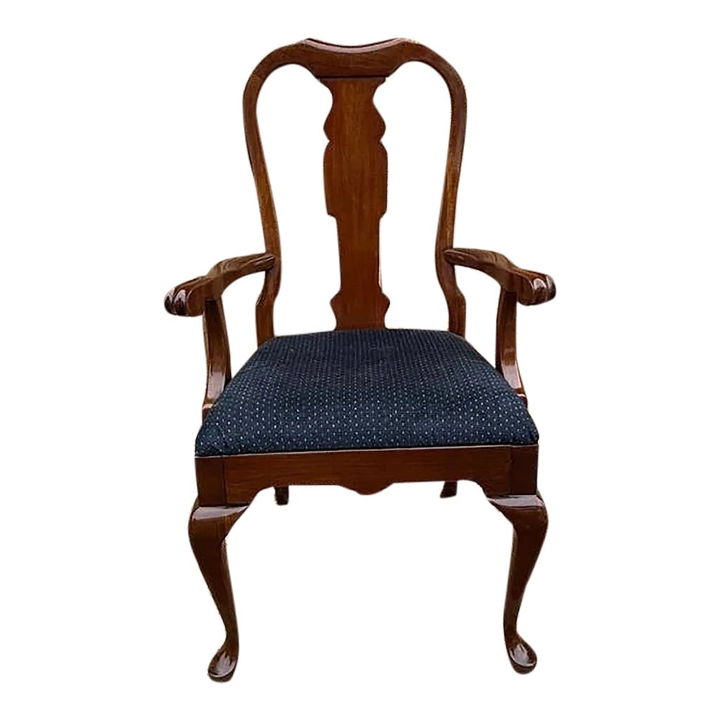 Late 20th Century Pennsylvania House Queen Anne Style Cherry Armchair: Pennsylvania House Queen Anne Style Cherry Armchair. Solid wood frame, sturdy and strong Upholstery is useable as is Approximate measures: Height 41.1/2" width 24" depth 20". Floor to Seat 19". Floor