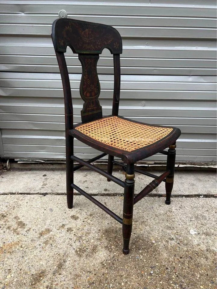 19th Century Pair Antique Ebonized Painted Gilt Bergere Cane Seat Side Chairs - 2