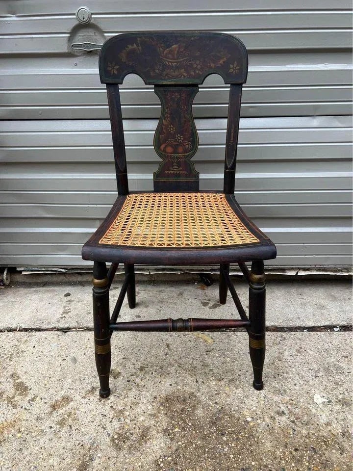 19th Century Pair Antique Ebonized Painted Gilt Bergere Cane Seat Side Chairs - 5