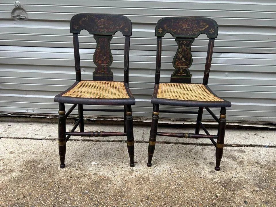 19th Century Pair Antique Ebonized Painted Gilt Bergere Cane Seat Side Chairs - 7
