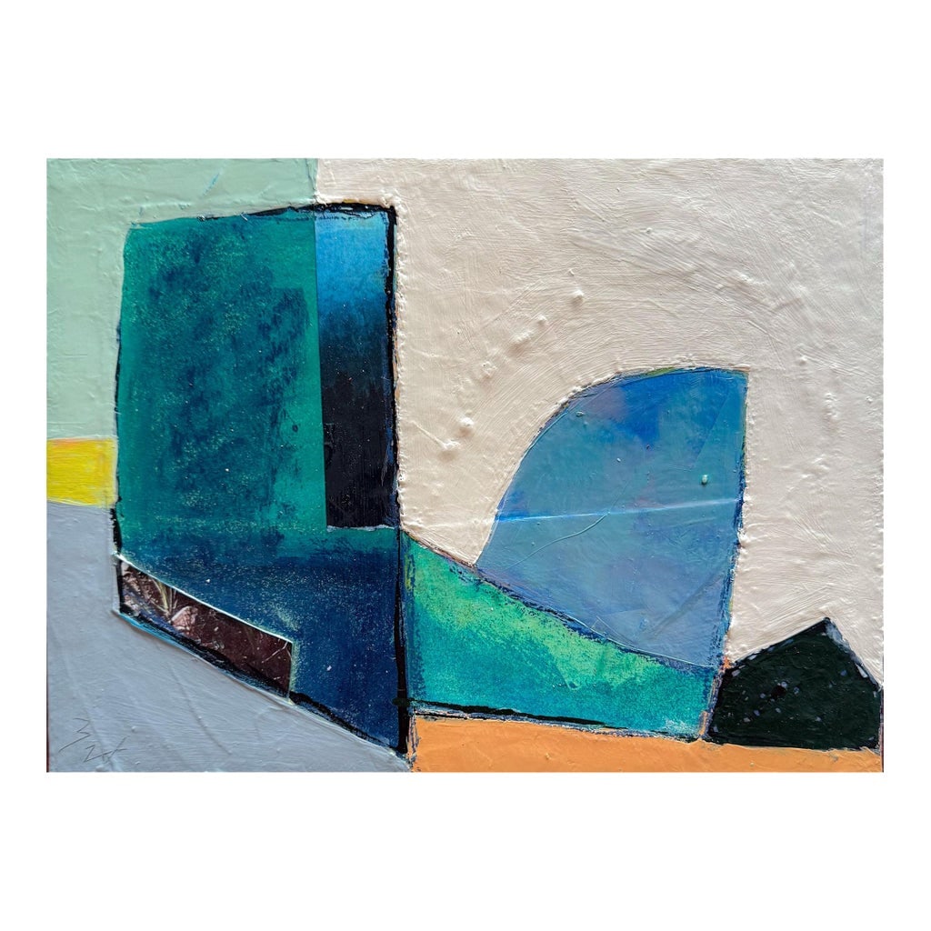 "Reflections" Original Mixed-Media Abstract on Panel by Zac Woodiel: "Reflections" is an original abstract mixed media collage on panel by Zac Woodiel. This piece features various shades of blues and greens. This artwork also has a pop of orange and citrus yellow.