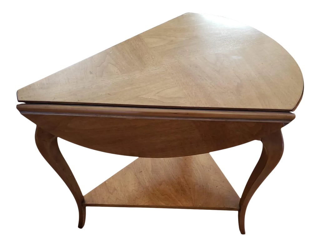 John Widdicomb 2 Tier Drop Leaf Walnut Bookmatched Top Accent Table: Two Tier John Widdicomb Drop Leaf Walnut Bookmtached Veneer Top Accent Table Side Table. Table Measures 25"W x 27D" x 22"H with Leafs extended. 21"W x 27"D x 22"H with leafs dropped down. Condition: A
