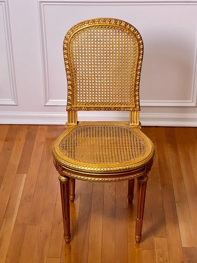 1920s Pair of Antique French Louis XVI Style Giltwood and Cane Side Chairs - 7