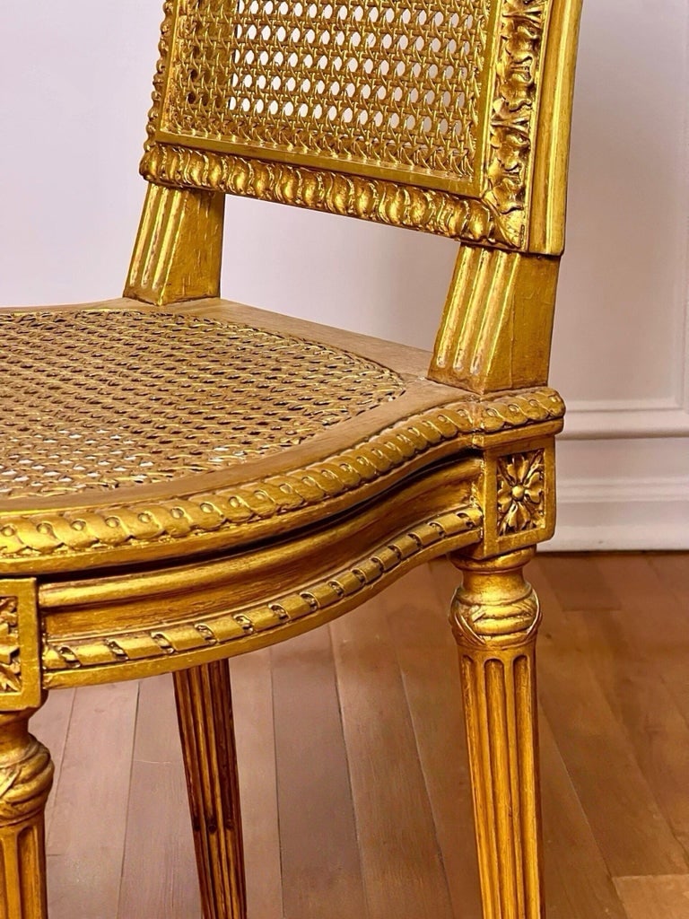 1920s Pair of Antique French Louis XVI Style Giltwood and Cane Side Chairs - 8