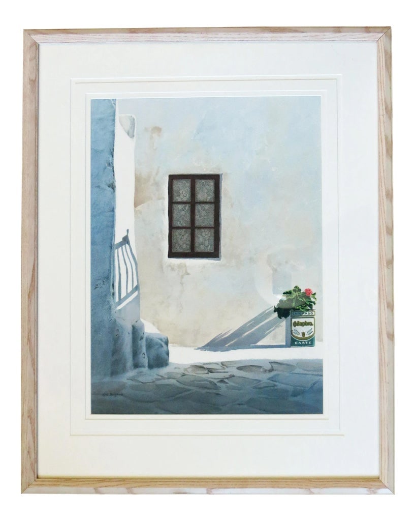 1990s "Behind Paraportiani, Mykonos, Greece" Watercolor Painting by Evelyne Brigeois, Framed: Artist: Evelyne Brigeois - French/American (1946-2016) Title: Behind Paraportiani, Mykonos Year: ca. 1990 Medium: Watercolor Sight size: 20 x 14.75 inches. Framed size: 29.5 x 23.5 inches Signature: