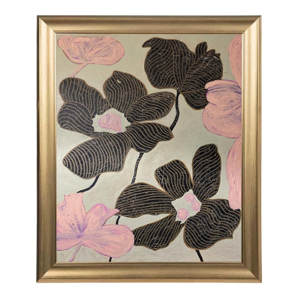Original Framed Acrylic Botanical Painting, Organic Boho Art Floral Wall Art, by Tatiana Duperault: Artist: Tatiana Duperault Medium: Acrylic on canvas Framed Size: 19" W x 23" H Style: Botanical, minimalist, modern classic Frame: Included, ready to hang Original Artwork: One of a kind Condition: