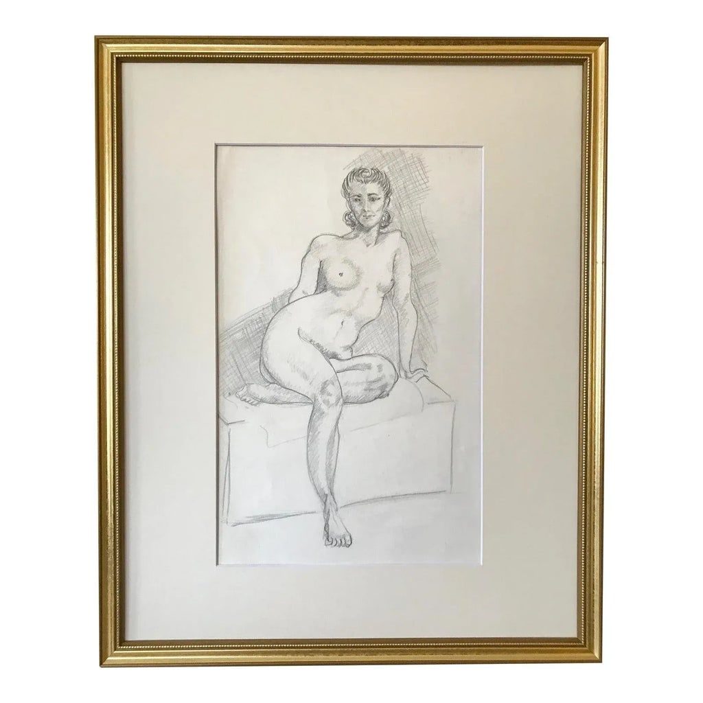 Vintage Original Drawing Seated Nude Woman C.1950 - 5