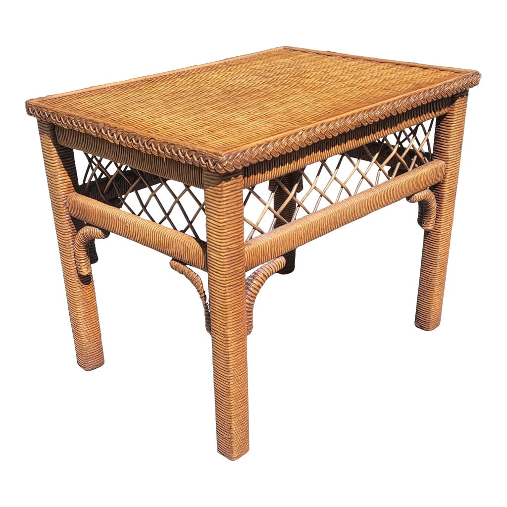 Henry Link Boho Chic Wicker, Rattan and Glass Top Side Table: Gorgeous bohemian style rectangular side table by Henry link. Table features woven wicker and rattan frame with a glass top and measures 19"W x 26"D x 21"H. Great vintage condition Condition: Alterati