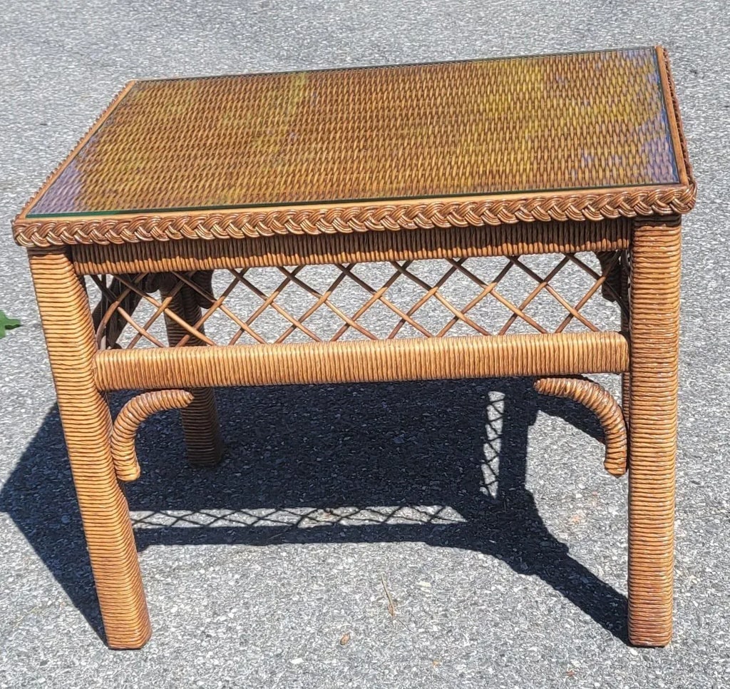Henry Link Boho Chic Wicker, Rattan and Glass Top Side Table - 5