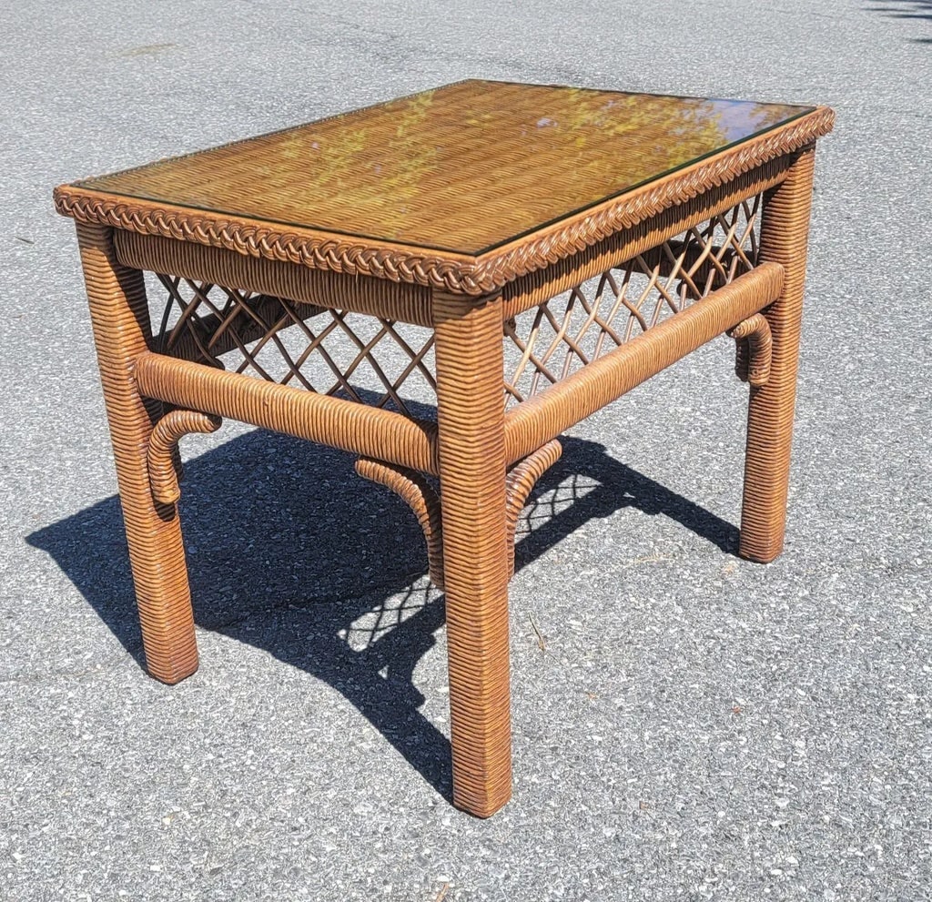 Henry Link Boho Chic Wicker, Rattan and Glass Top Side Table - 9