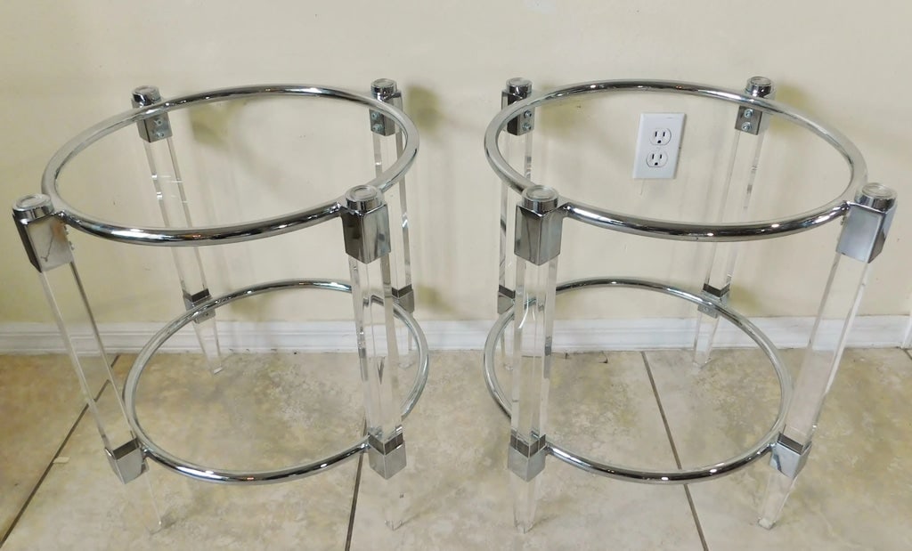 Pair Round Lucite & Chrome Metal Side/End Table Bases - 2