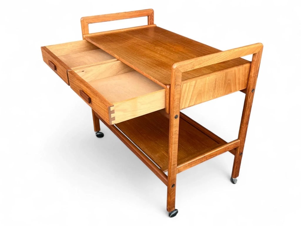 1960s Danish Modern Teak Bar Cart - Restored Two-Tier Design With Drawers and Casters - 7