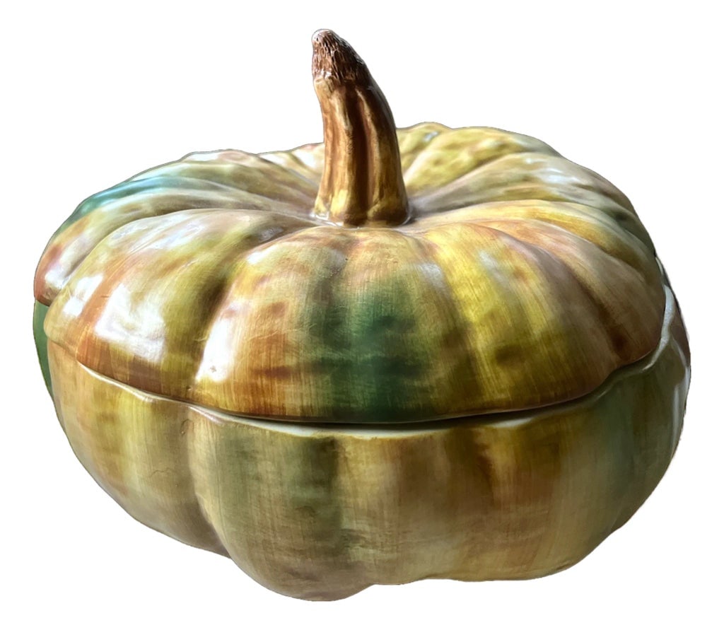 Vintage Italian Majolica-Style Hand Painted Pumpkin Tureen With Lid by Bresolin: Bring harvest warmth to your table with this vintage ceramic pumpkin tureen, beautifully hand-painted in rich autumnal tones of green, gold, and russet. Sculpted with lifelike detail, the tureen's