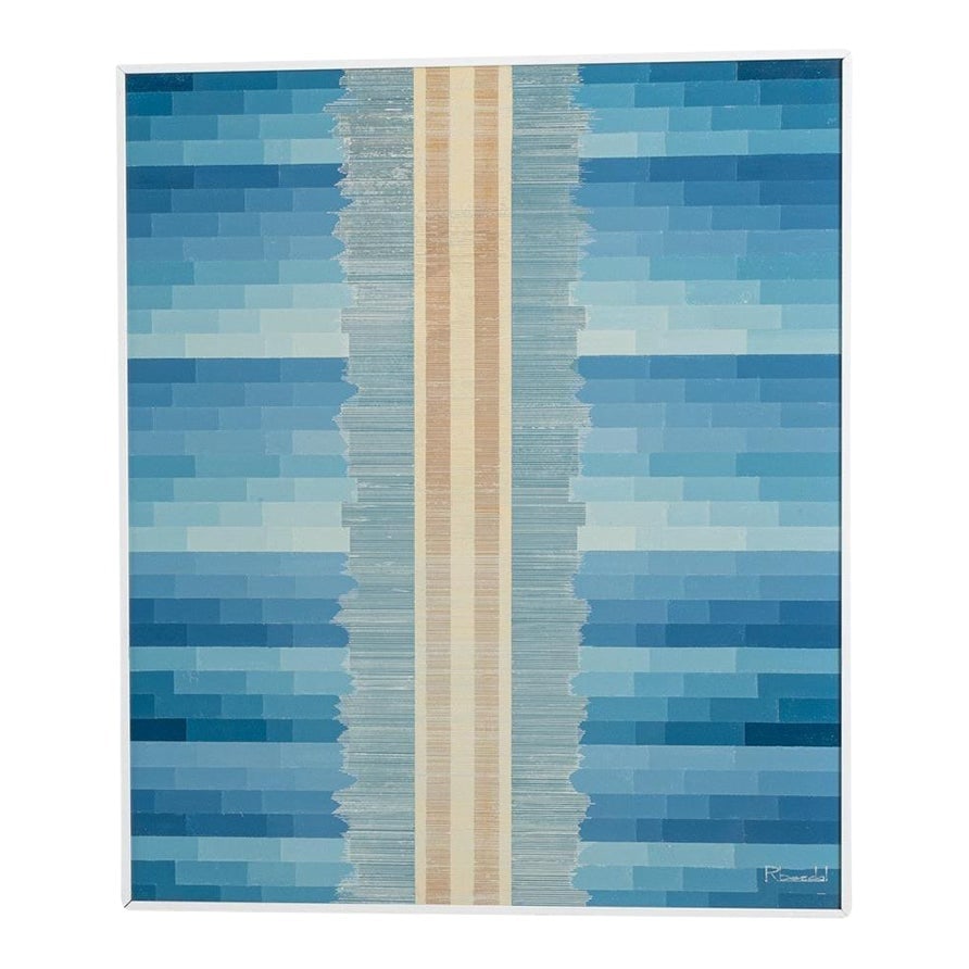 20th Century Belgian Artwork With Metal Frame By Rene Berdal: Step into a world of serene abstraction with this 20th Century Belgian Artwork by Rene Berdal. This piece captures the eye with its calming spectrum of blues, segmented by a central column of